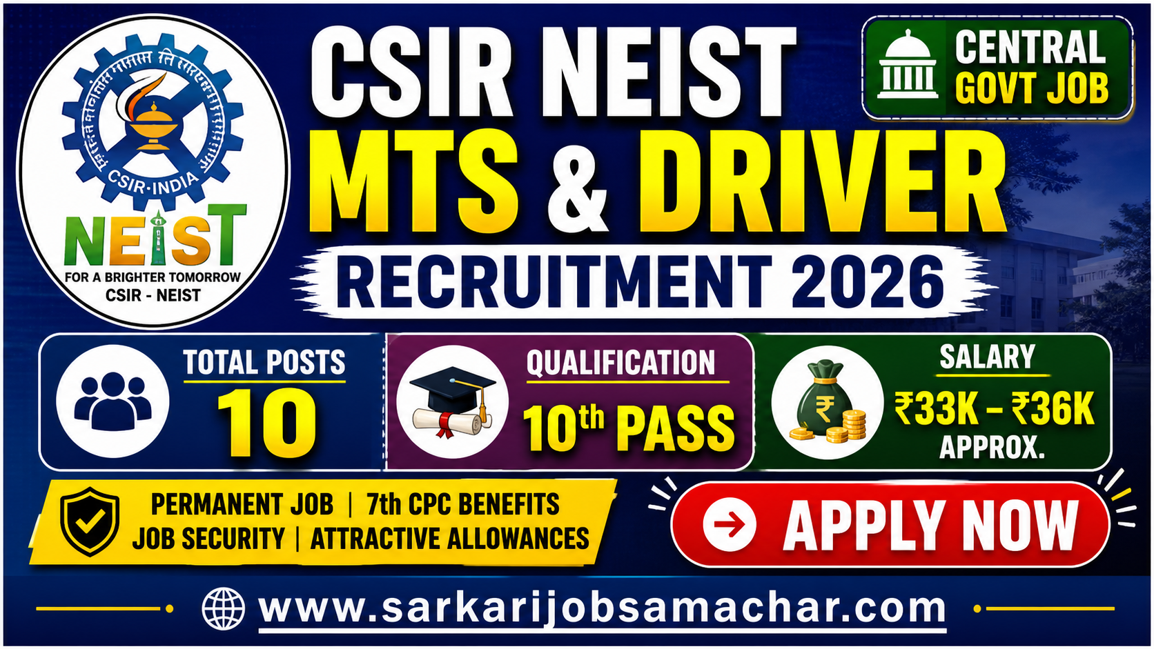 CSIR NEIST MTS & Driver Recruitment 2026 – Apply Online for 10 Posts
